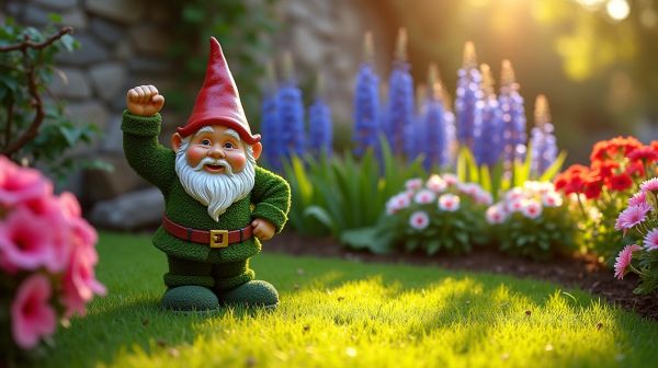 Un nain de jardin doigt d'honneur pour un jardin audacieux